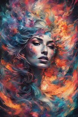 Generate a captivating digital artwork where a vivid explosion of images on a canvas bursts forth, weaving together elements of a woman, demons, tattoos, flowers, and stormy hues. Capture the essence of dynamic creativity in this abstract masterpiece."