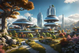 Town and landscape in 2100 :: 8K, 3D, Octane Render, VRay, Unreal Engine 5, Hyperdetailed, intricate, HDR, extremely realistic evolution of future architecture, photorealism, colourful, blue sky over a clean environment, award winning, crisp quality, masterpiece, fantastic view, digital art, airbrush art, ink drawing, sharp focus, high contrast, depth of field