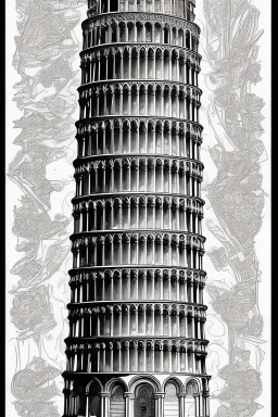 coloring book page of leaning tower of pisa, monochrome