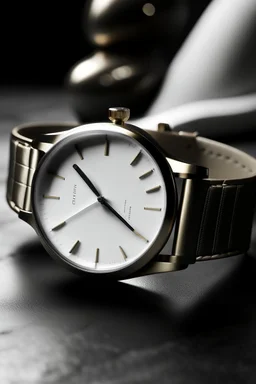 Create a minimalist white gold men's watch with a modern twist. Focus on sleek and simple design elements, highlighting the watch's contemporary appeal.
