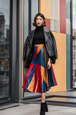 full body Spring 2024 Women's Pleated Skirt Fashion and Color,modern city scape,