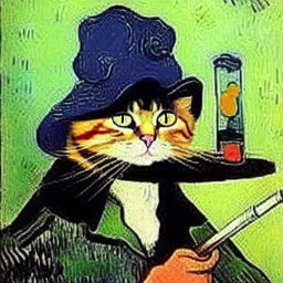 oil portrait of a cat with hat smoking a bong by Van Gogh