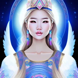 portrait of a beautiful mongolian woman with an angel face smiling,long blond hair, blue eyes, pink and blue dress, jewels, soft light aura