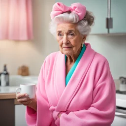 The image depicts an elderly woman, dressed in a pink bathrobe and wearing hair rollers, looking frustrated and exhausted. Her expression conveys a sense of irritation and weariness. She is holding a mug, likely containing a hot beverage, and appears to be taking a break or moment to herself. The overall scene suggests a woman going through her daily routine, perhaps feeling the effects of age or the stresses of daily life. The image presents a humorous, yet relatable, portrayal of a common expe