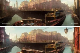 Train Train Canal River and corner shop greengrocer in colorful Italian street+Gothic city+BioShock+Dishonored+Bloodborne +trieste+Edinburgh+Chicago+victorian London+decòpunk Skyscraper+ +steampunk+biopunk+alphonse mucha, greg rutkowski,matte painting, cryengine, hyper detailed, felix kelly, fantasy art, seb mckinnon