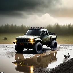 hyperrealistic shot, muddy military toy truck, monotone color palette, sharp focus, puddle reflection, tire mud splash, refraction, mist on the horizon, lightning, shadowcast, detailed and intricate, cinematic composition, micro, tilt shift photography