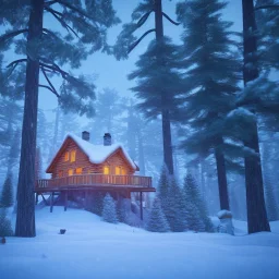 A cabin deep in the woods, during a winter snowstorm,big snow-covered Christmas trees with bright colorful lights in the background,,