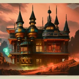 fullbody Drawing of 'sketch of steampunk Castle',intricate detail,andrea bonelli,Kilian Eng,Ohrai,evan lee,Aleksandr Sidelnikov,KyuYong Eom,three quarters frontal aerial view,toned colors,32k