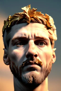 Realistic image, Roman sculpture made in marble with gold veins, Lionel messi, gold laurel leaves crown, waist up portrait,marble material, gold ornaments, Renaissance style, sun rays background, epic, celestial, cinematic lighting, God lights, 4k resolution, smooth details, soft lighting, unreal engine 5, art station, substance 3d.