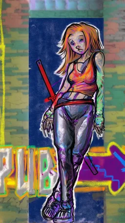 teen woman in retro-futurist cyberpunk costuming with pants and sheathed swords leaning to the side with shoulder against a brick pillar, add a background of brick with graffiti of a large arrow pointing to the right and text of the word "PUB" on lower left