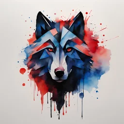 watercolor, bold black lines, black footprint, geometric lines, blue and red blotches, howling wolf face, abstract