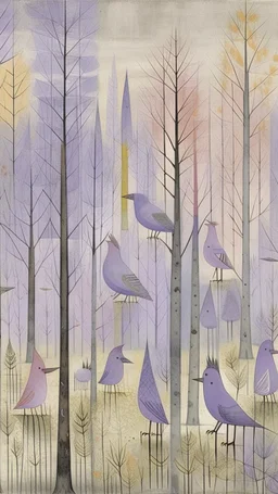 A light palish violet foggy forest with birds painted by Paul Klee