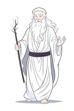 Disney style, white hair, white skin, white beard, coloring book, minimalism, simple lines, white background, STICKER, WHOLE BODY, A CUTE man with staff in his hand, long white beard, flowing hair, and long tunic, sandals, open arms, A detailed illustration, in the style of Studio Ghibli, 3D vector art, cute and quirky, fantasy art, Adobe Illustrator, hand-drawn, low-