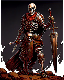 tabletop RPG skeleton warrior with sword and shield and rusted chainmail rpg art no background