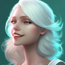 D&D character, female, cleric, platinum blonde hair, gold eyes, smile, teal armor