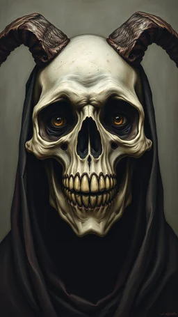 Bosch painting style , a portrait of an old wicked skull , her eyes all gray and are open wide , her mouth is ope like screening .