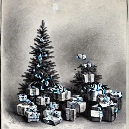 packages with bows and a decorated pine tree for Christmasby Thomas Nast