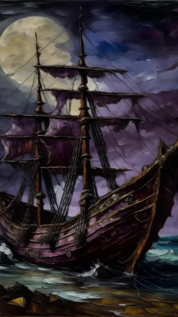 A purple undead pirate ship painted by Claude Monet