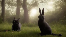 A black cat staring a white rabbit in the forest.