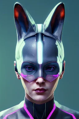 Medium Close Up Portrait, Front image. cyberpunk, rabbit mask, sweet woman, short hair. latex suit. Pink, silver, blue, color. Gothic style. Color background, photo studio. highly detailed, concept art, smooth, unreal engine 5, ray tracing, RTX, lumen lighting, ultra detail, volumetric lighting, 3d, finely drawn, high definition, high resolution.