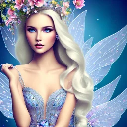 fantasy fairy with transparent wings, smiling, make up, long platinum blond hair with crown and flowers, blue dress, flowers background