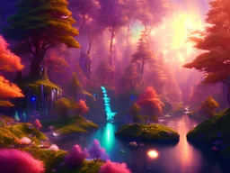 gold and red crystal cosmic and galactic ambiance hill sky waterfall sunset trees pools river surreal, full of details, smooth, bright sunshine，soft light atmosphere, light effect，vaporwave colorful, concept art, smooth, extremely sharp detail, finely tuned detail, ultra high definition, 8 k, unreal engine 5, ultra sharp focus