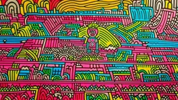 A pink innovative city in the horizon sky designed in Moroccan rug art painted by Keith Haring