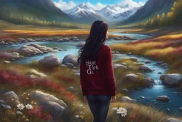 country side ,blue sky , snow on mountains, pretty clouds ,small rocky river with clear water small rocks in floor,wild flowers,beautiful Snow White, long shiny black curvy hair, wearing a burgundy sweater with the word TURK GIZI written on it, in gold, work clothes, standing, super realistic Fairy lights, intricate detail, texture, depth, vividness, movement, namex, energy, bioluminescence, stunning, epic, ultra-detailed, 8K photography by Miki Asai Macro, close-up, extremely detailed, pop