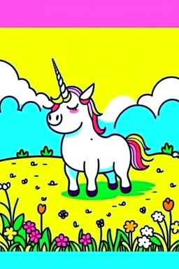 kids illustration, a cute unicorn playing in field, cartoon style, thick line, low details, vivid color