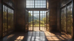 Interior of a dark dismal prison cell with prison furniture, looking out through an open cell door and open bars into gardens and distant hills in bright sunshine and freedom. Exquisite composition, beautiful detailed intricate detailed octane render, 8k artistic photography, photorealistic, perfect light, chiaroscuro, award-winning photograph, masterpiece