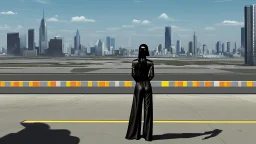 Tall thin woman, with straight black hair, dressed in a camouflaged jumpsuit, looking out from the rear of a futuristic aircar, on a tarmac runway, with a city skyline in the distance