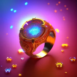 Ring made by diamonds shreds of glass, orange diamonds sparkles, red rubi fragments around, blue lights reflexes, complex structure, gold details, intricate ring pattern,Unreal Engine 5, macro lens,sharp focus, photorealistic, hyper detailed, studio lighting, neon light ambient, cinematic