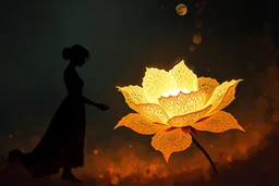 A panoramic mixed-media digital painting in a 3:1 format, filled with warmth and atmosphere. A silhouetted woman stands gracefully on the left, holding a large glowing lace flower made of delicate cream and