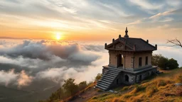 A quiet, ancient temple on a mountainside at sunrise, surrounded by clouds and overlooking a peaceful valley. Photographic quality and detail, award-winning image, beautiful composition.