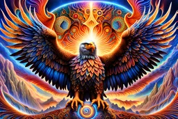 Eagle High Sky Full power Surreal DMT Dimension with vibrant and kaleidoscopic visuals, otherworldly landscapes, intricate geometric patterns, ethereal beings, cosmic energy, glowing fractals, immersive depth of field, cinematic lighting, masterful digital painting by Alex Grey and Android Jones, 8k resolution,Bad Hands,Bad Style, Deformed,Bad Face