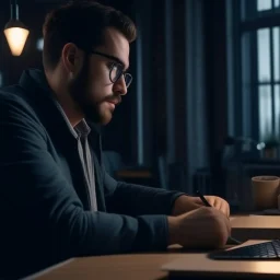 Developer working, photo, dramatic cool modern office 4k. closeup.