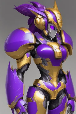 One Genderless Cyborg made of metal, has a human like face with a really long violet ponytail, the armor is similar to Omega from Megaman. The color palatte of the armour is deep purple and yellow.