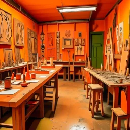 An orange colored workshop made out of wood painted by Pablo Picasso