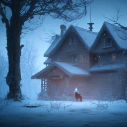 robed Grim Reaper behind sad, abandoned, dog tied up to a tree, house in background, winter, loneliness, 8k resolution, high-quality, fine-detail, iridescent, intricate, digital art, detailed matte, volumetric lighting, illustration, 3D octane render, by Jenny Jinya, Loving Reaper,