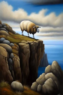 Big nose sheep Lemming cliff diver that is about to hit an ambolt, prize winning oil painting