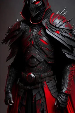 a man modern in military science fiction armor, the armor must be made of spiritual fabric, black and red. a fabric similar to that worn by men of the witch church of the past.