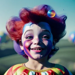 Ultra realistic circus scene. Sweet big hair monster flying. playing with Child’s, smile, happy, color bubbles, smooth color, waist up view, Wes Anderson style, a lot of people background, highly detailed, concept art, unreal engine 5, god rays, ray tracing, RTX, lumen lighting, ultra detail, volumetric lighting, 3d, finely drawn, high definition, high resolution.