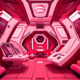 Cartoon futuristic dark red, red, pink, and white spaceship Interior rooms