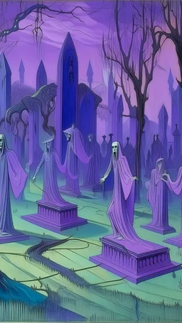 A purple graveyard with dancing ghosts painted by Raymond Duchamp-Villon