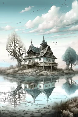 The place where the Dream and its followers live. A reflection of the sky. Watercolor, fine drawing, beautiful landscape, pixel graphics, lots of details, pastel aqua colors, delicate sensuality, realistic, high quality, work of art, hyperdetalization, professional, filigree, hazy haze, hyperrealism, professional, transparent, delicate pastel tones, back lighting, contrast, fantastic, nature+space, Milky Way, fabulous, unreal, translucent, glowing