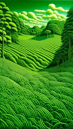 A green grassland near a jungle painted by MC Escher