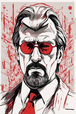 an intimidating disgusted and menacing looking Hans Gruber wearing red-tinted glasses