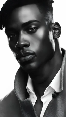 portrait of a dark skinned african american male model with strong jawline, and high cheekbones and hunter eyes and short hair
