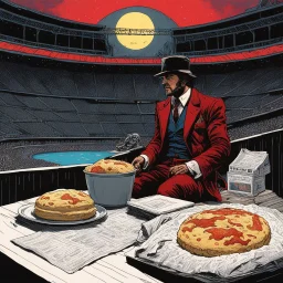 Red Redemption multi-layered sourdough. Fisheye twilight, 1973. Philippe Druillet's disheveled pillows in a faded wool suit. Clutching a crumpled copy of Délirius to his chest while the other hand covers his eyes. Melting cheese: Lone Sloane infinite loop dance. Poised for a bite in a desolate baseball stadium. Raw 35mm film photograph: holding the pivotal image with trembling hands.