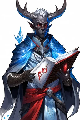 En Young male black skin tiefling fra dnd holding a book with Arcane Magic in a silver and White Rope and a silver cloak. His horn a perfectly place on acet from the front to the back pointing upwards with glowing Red cat Eyes glowing Blue Arcane Magic around them ice crystals flowing around him. His close is elegant get simple. Holding an ice Crystal in his Right Hand. In adorable little catfamilier with Wings flying behind him